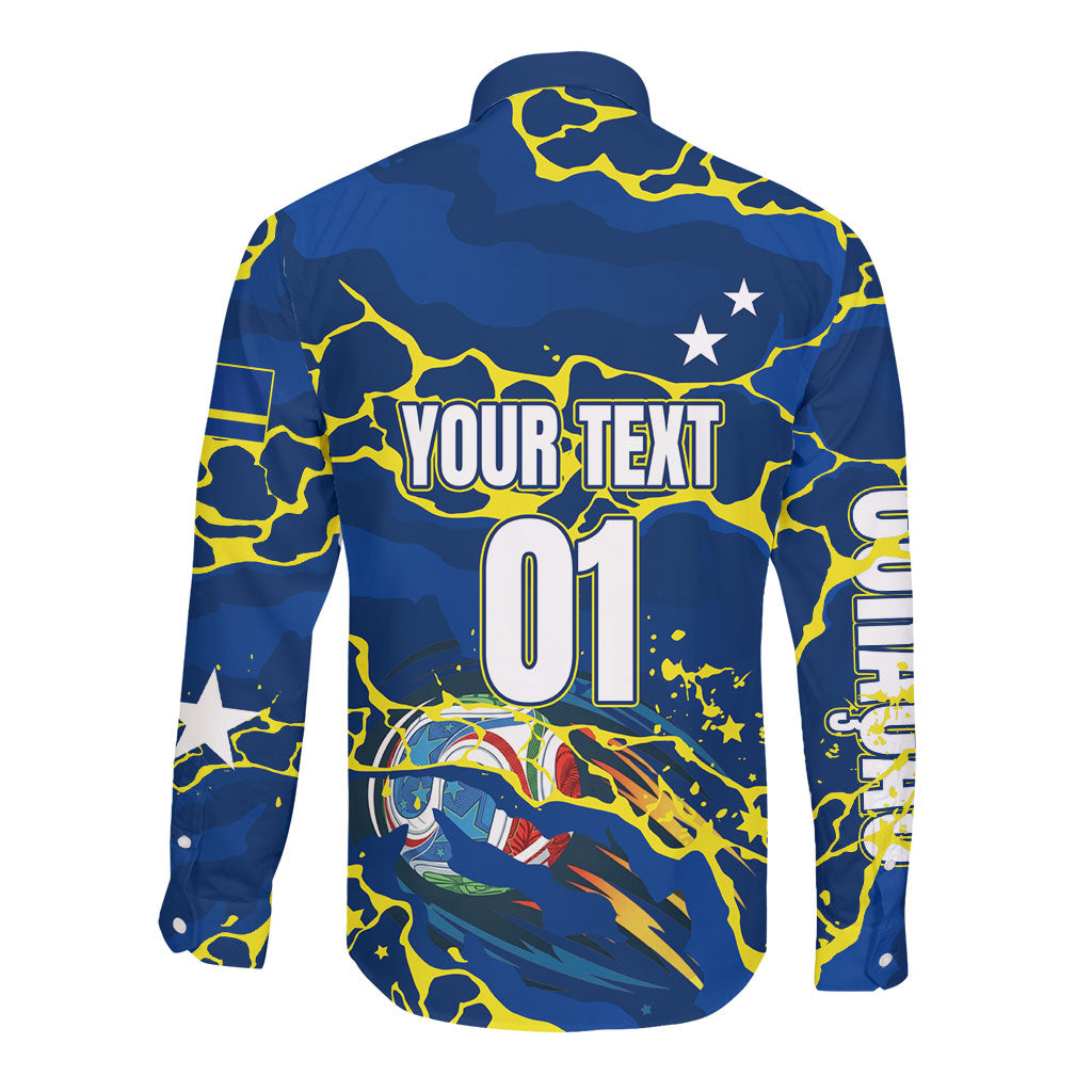Personalized Curacao Football Long Sleeve Button Shirt Caribbean Splash Paint Soccer Graphic