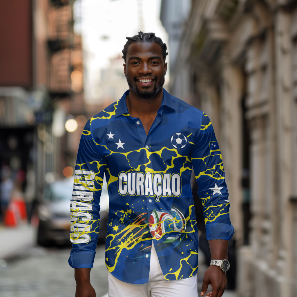 Personalized Curacao Football Long Sleeve Button Shirt Caribbean Splash Paint Soccer Graphic