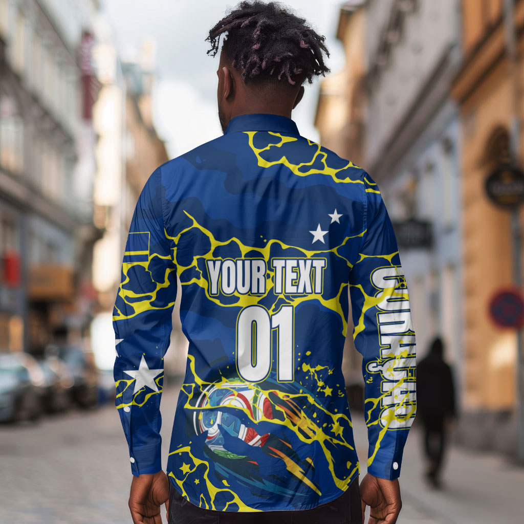 Personalized Curacao Football Long Sleeve Button Shirt Caribbean Splash Paint Soccer Graphic