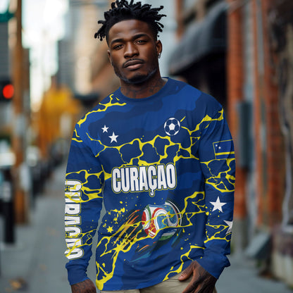 Personalized Curacao Football Long Sleeve Shirt Caribbean Splash Paint Soccer Graphic
