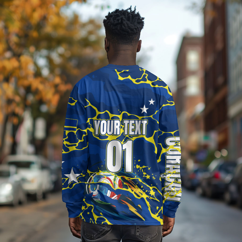 Personalized Curacao Football Long Sleeve Shirt Caribbean Splash Paint Soccer Graphic