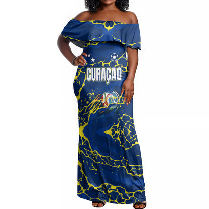 Personalized Curacao Football Off Shoulder Maxi Dress Caribbean Splash Paint Soccer Graphic