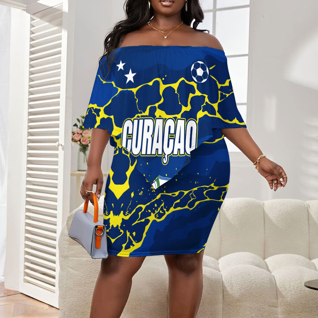 Personalized Curacao Football Off Shoulder Short Dress Caribbean Splash Paint Soccer Graphic