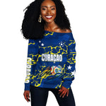 Personalized Curacao Football Off Shoulder Sweater Caribbean Splash Paint Soccer Graphic