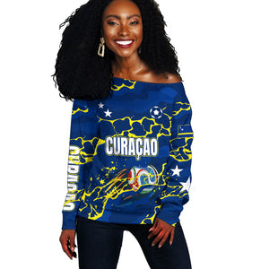 Personalized Curacao Football Off Shoulder Sweater Caribbean Splash Paint Soccer Graphic