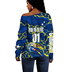 Personalized Curacao Football Off Shoulder Sweater Caribbean Splash Paint Soccer Graphic