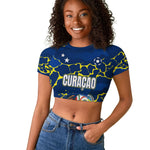 Personalized Curacao Football Raglan Cropped T shirt Caribbean Splash Paint Soccer Graphic