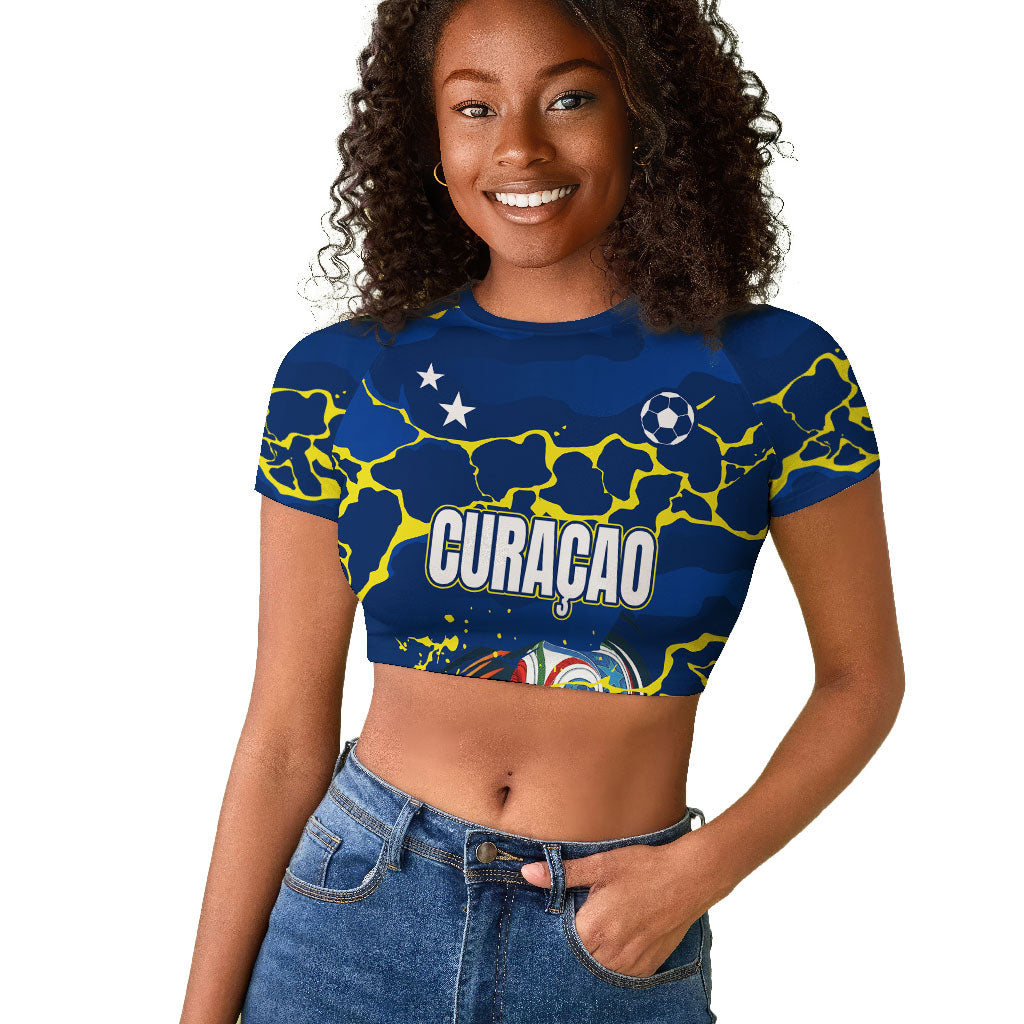Personalized Curacao Football Raglan Cropped T shirt Caribbean Splash Paint Soccer Graphic