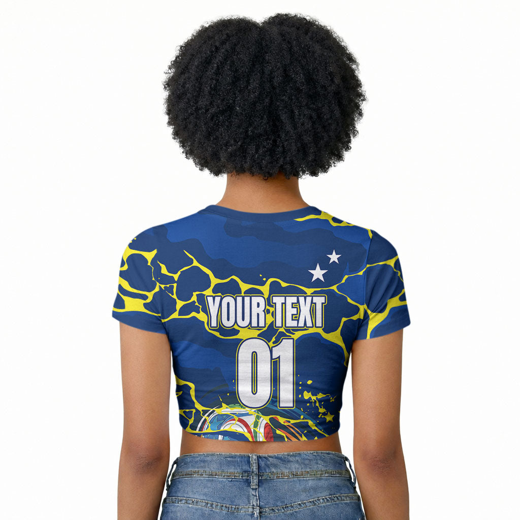 Personalized Curacao Football Raglan Cropped T shirt Caribbean Splash Paint Soccer Graphic