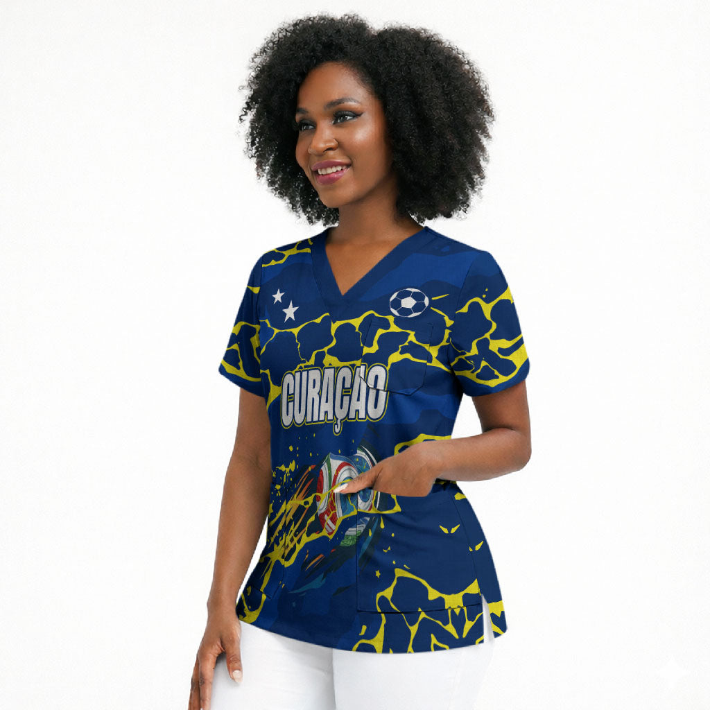 Personalized Curacao Football Scrub Top Caribbean Splash Paint Soccer Graphic