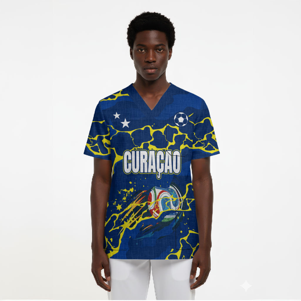 Personalized Curacao Football Scrub Top Caribbean Splash Paint Soccer Graphic
