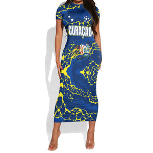 Personalized Curacao Football Short Sleeve Bodycon Dress Caribbean Splash Paint Soccer Graphic