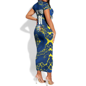 Personalized Curacao Football Short Sleeve Bodycon Dress Caribbean Splash Paint Soccer Graphic