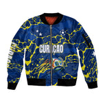 Personalized Curacao Football Sleeve Zip Bomber Jacket Caribbean Splash Paint Soccer Graphic