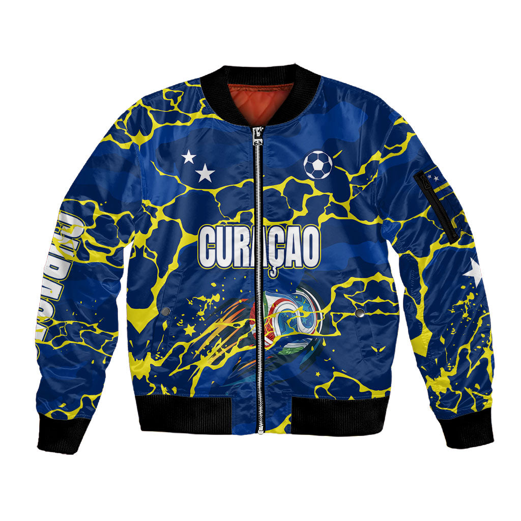 Personalized Curacao Football Sleeve Zip Bomber Jacket Caribbean Splash Paint Soccer Graphic