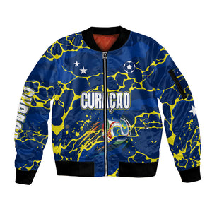 Personalized Curacao Football Sleeve Zip Bomber Jacket Caribbean Splash Paint Soccer Graphic