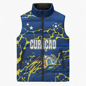 Personalized Curacao Football Sleeveless Puffer Jacket Caribbean Splash Paint Soccer Graphic