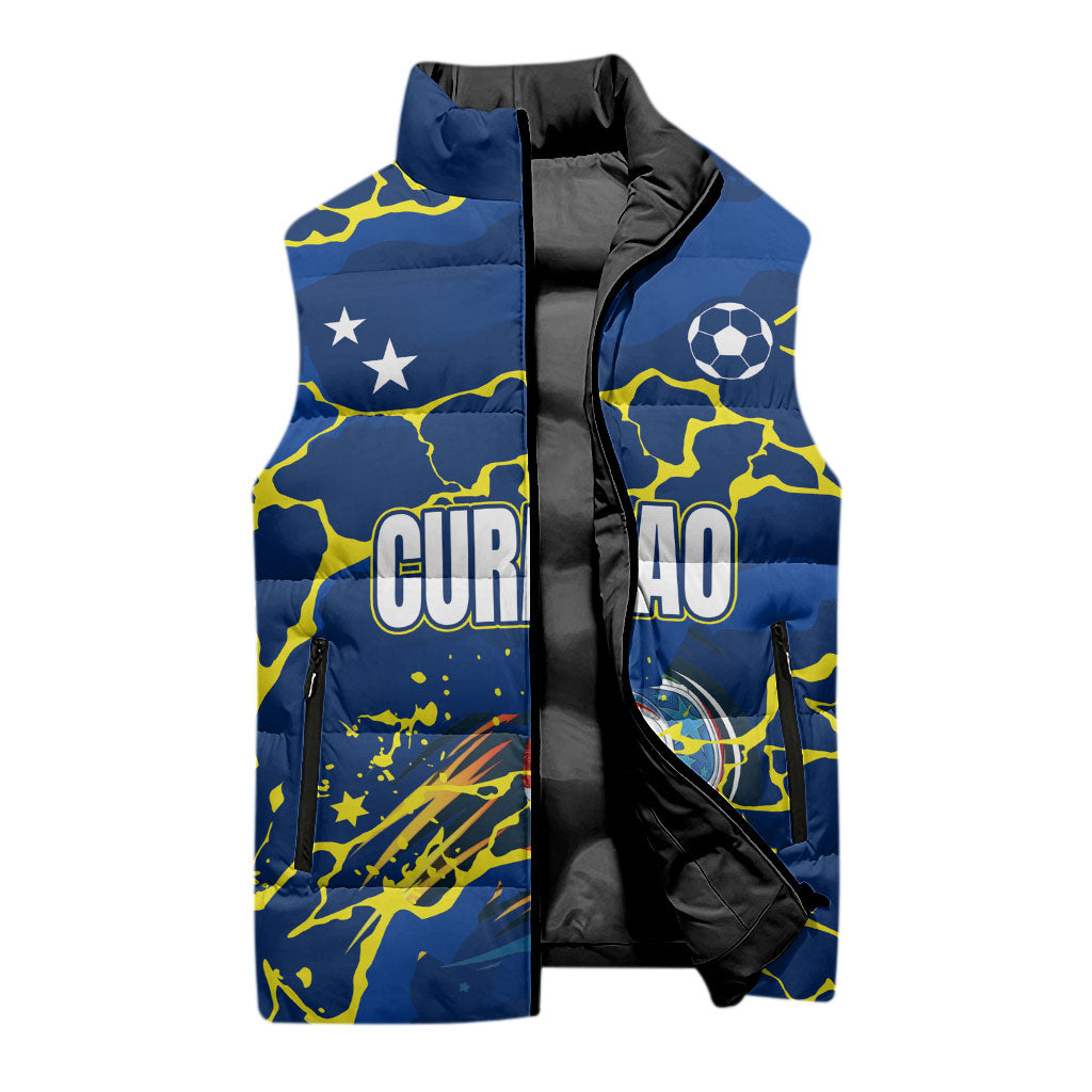 Personalized Curacao Football Sleeveless Puffer Jacket Caribbean Splash Paint Soccer Graphic
