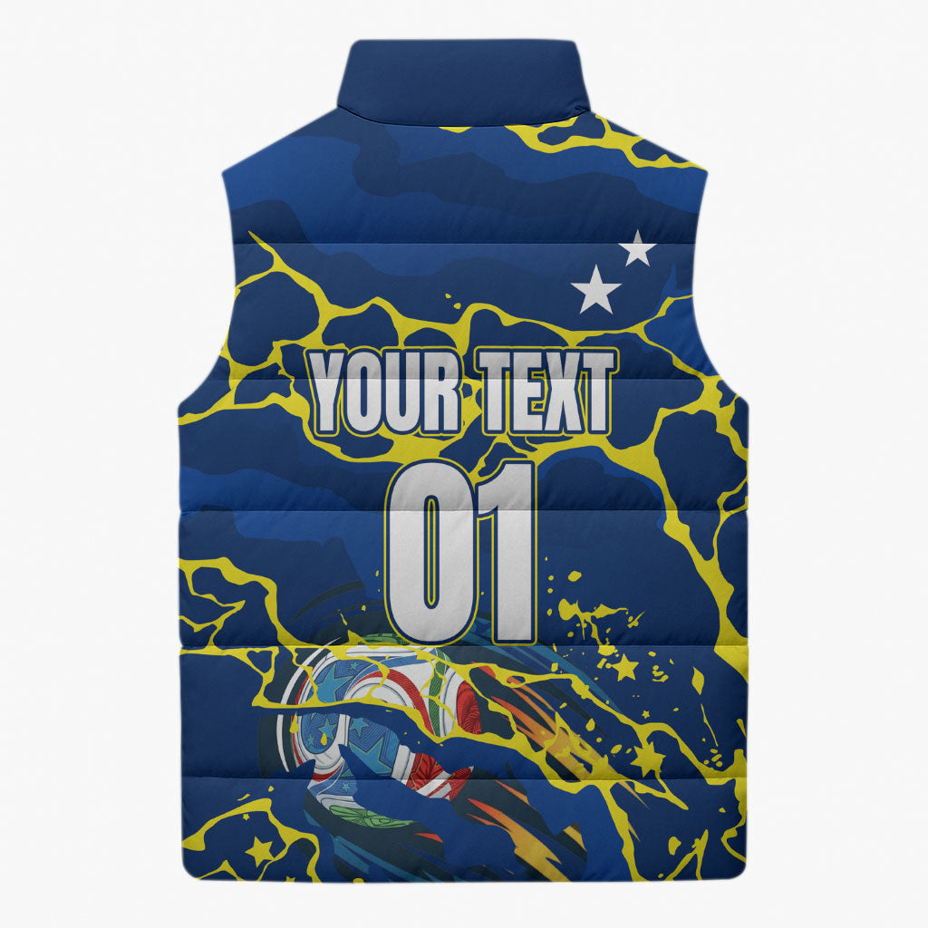 Personalized Curacao Football Sleeveless Puffer Jacket Caribbean Splash Paint Soccer Graphic