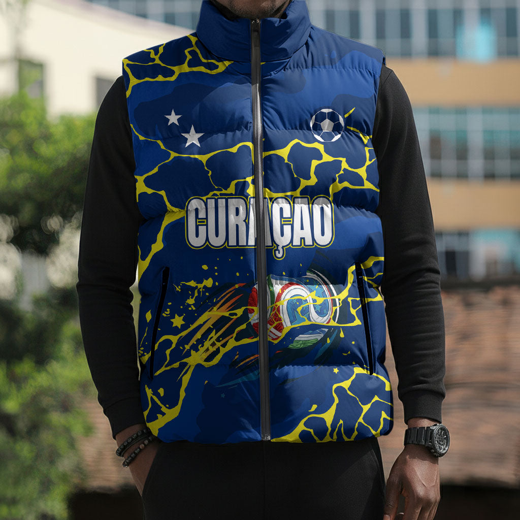 Personalized Curacao Football Sleeveless Puffer Jacket Caribbean Splash Paint Soccer Graphic