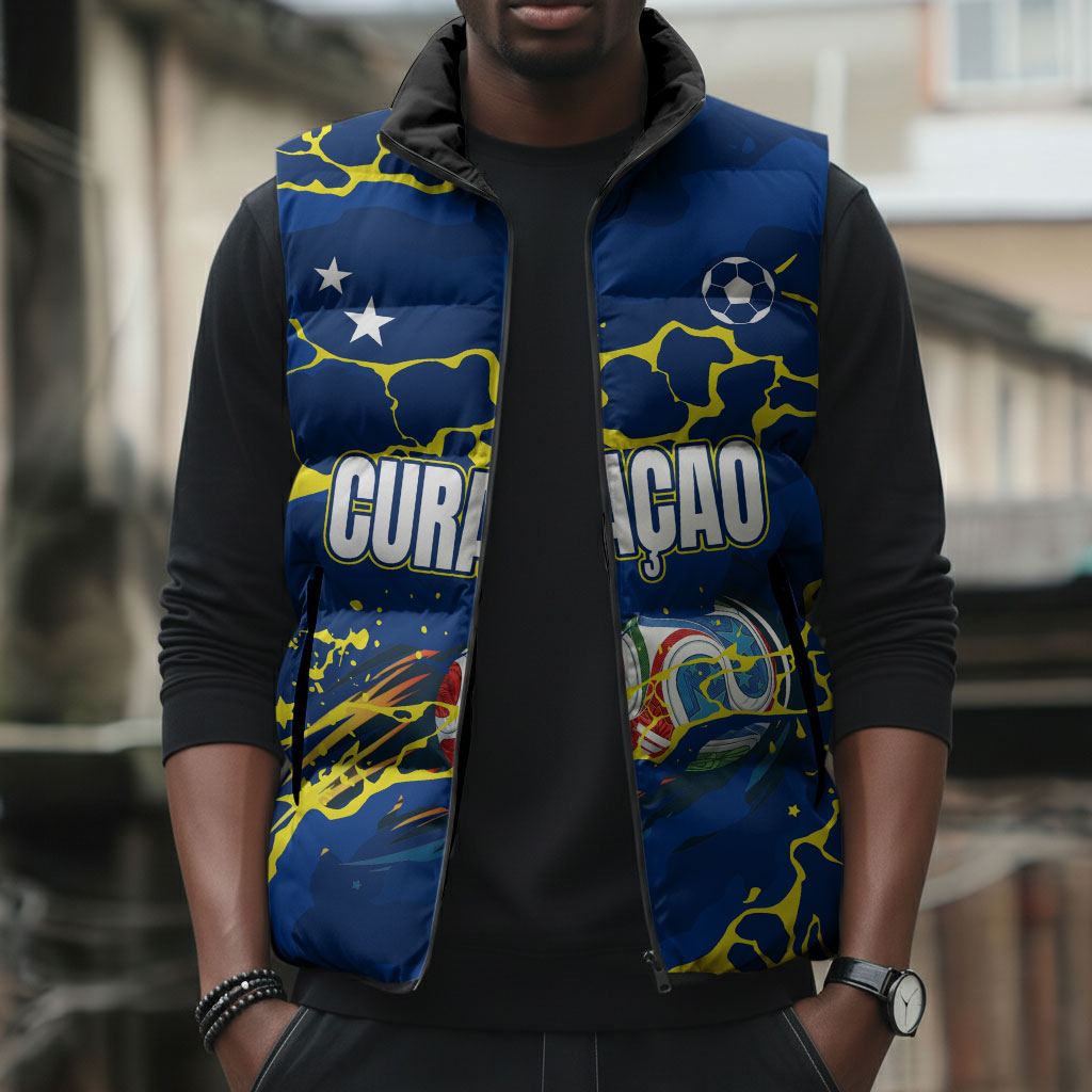 Personalized Curacao Football Sleeveless Puffer Jacket Caribbean Splash Paint Soccer Graphic