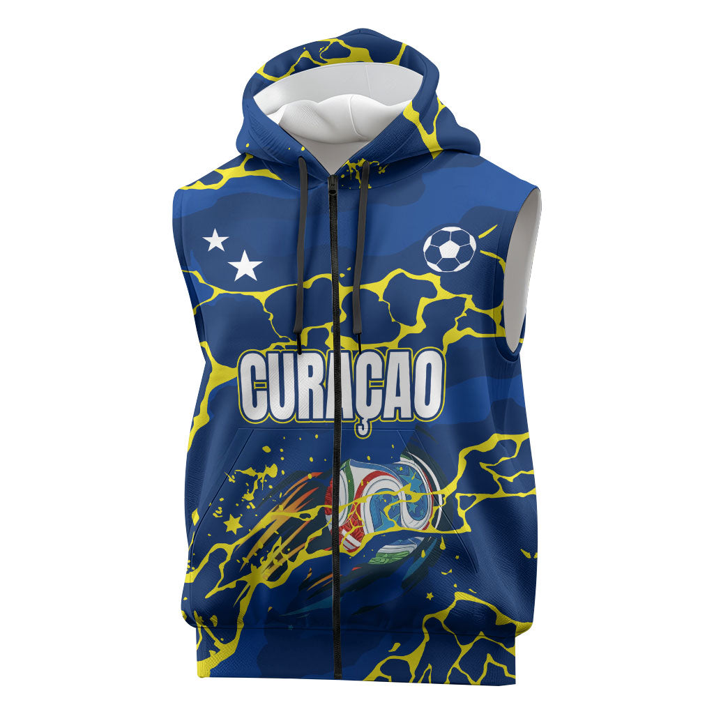Personalized Curacao Football Sleeveless Zip Hoodie Caribbean Splash Paint Soccer Graphic