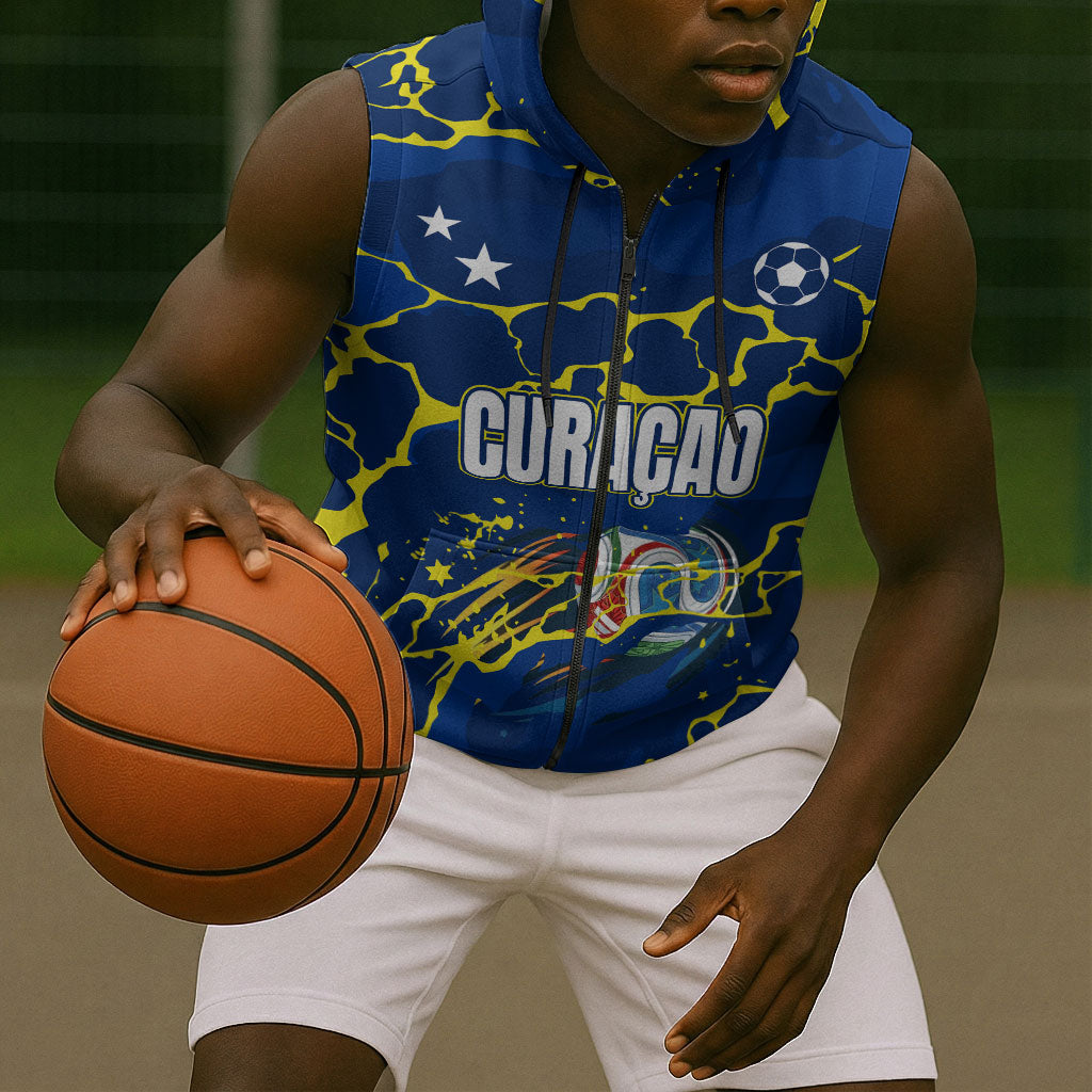 Personalized Curacao Football Sleeveless Zip Hoodie Caribbean Splash Paint Soccer Graphic