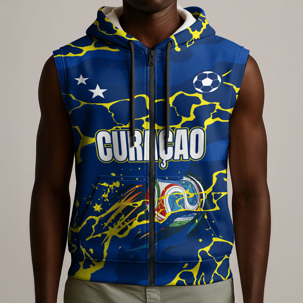 Personalized Curacao Football Sleeveless Zip Hoodie Caribbean Splash Paint Soccer Graphic