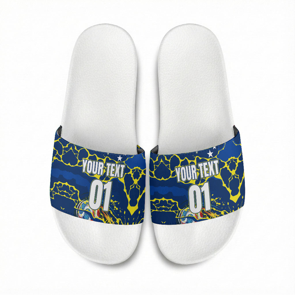 Personalized Curacao Football Slide Sandals Caribbean Splash Paint Soccer Graphic