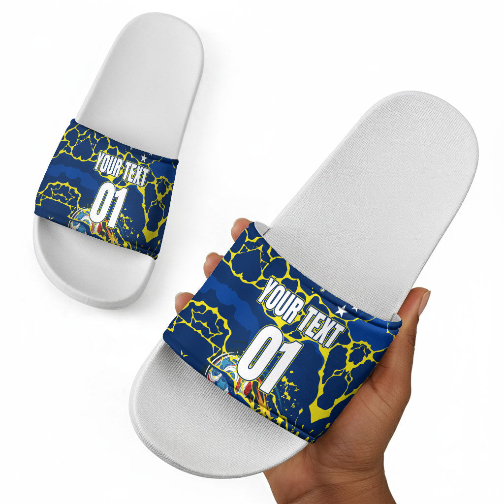 Personalized Curacao Football Slide Sandals Caribbean Splash Paint Soccer Graphic