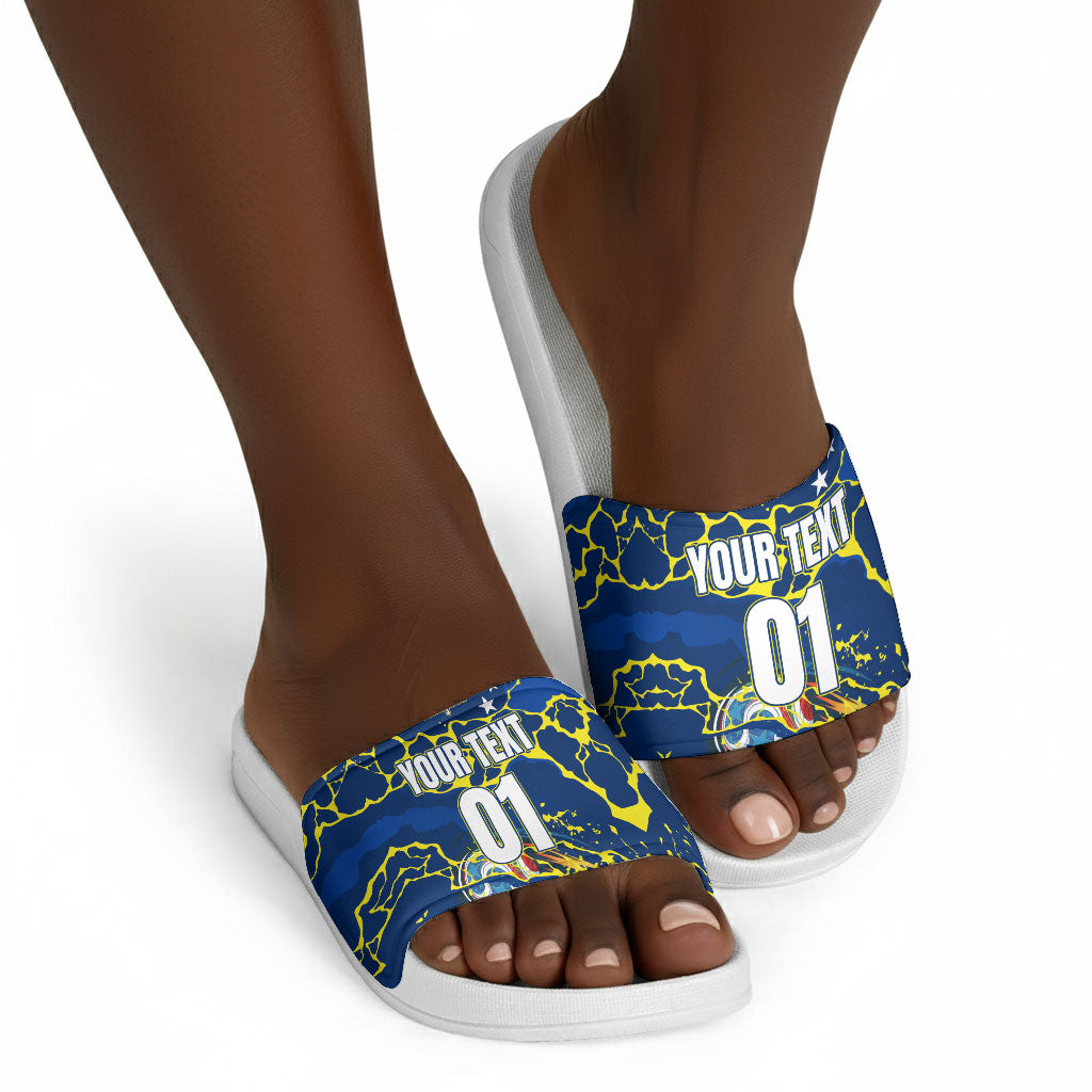 Personalized Curacao Football Slide Sandals Caribbean Splash Paint Soccer Graphic