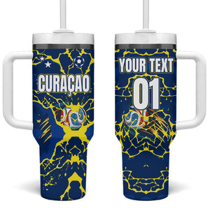 Personalized Curacao Football Tumbler With Handle Caribbean Splash Paint Soccer Graphic