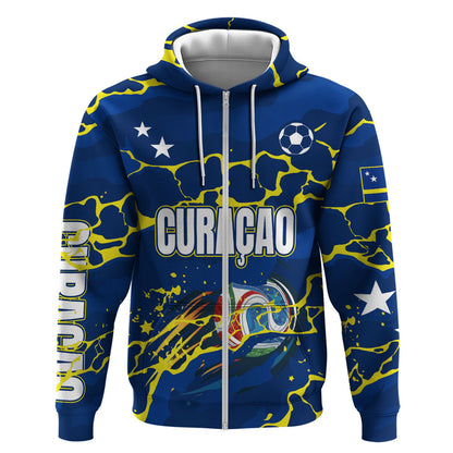 Personalized Curacao Football Zip Hoodie Caribbean Splash Paint Soccer Graphic