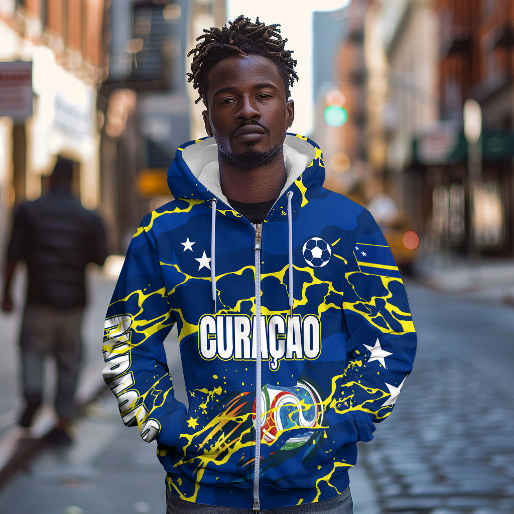 Personalized Curacao Football Zip Hoodie Caribbean Splash Paint Soccer Graphic