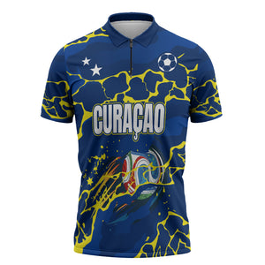 Personalized Curacao Football Zipper Polo Shirt Caribbean Splash Paint Soccer Graphic