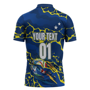 Personalized Curacao Football Zipper Polo Shirt Caribbean Splash Paint Soccer Graphic