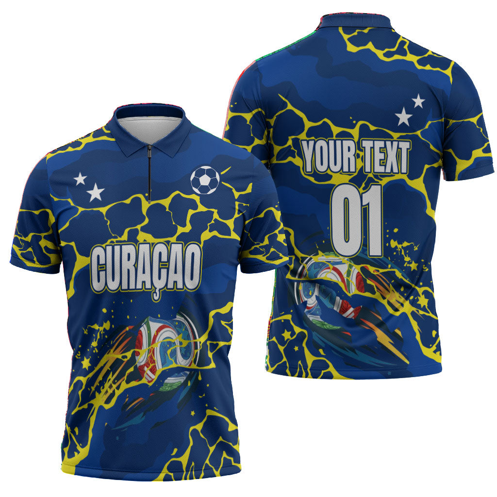 Personalized Curacao Football Zipper Polo Shirt Caribbean Splash Paint Soccer Graphic
