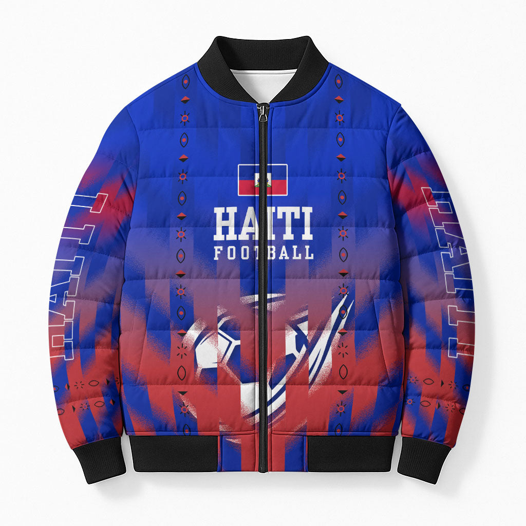Personalized Haiti Football Bomber Puffer Jacket Brush Stroke Soccer Graphic Flag Colors