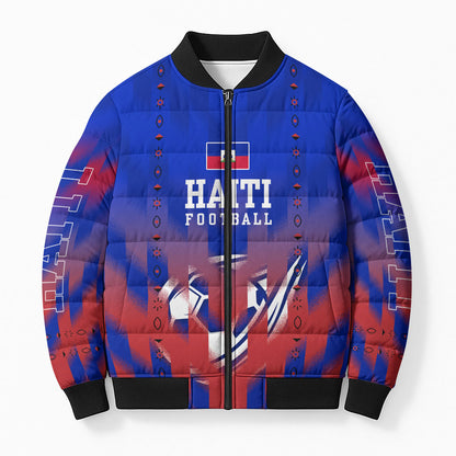 Personalized Haiti Football Bomber Puffer Jacket Brush Stroke Soccer Graphic Flag Colors