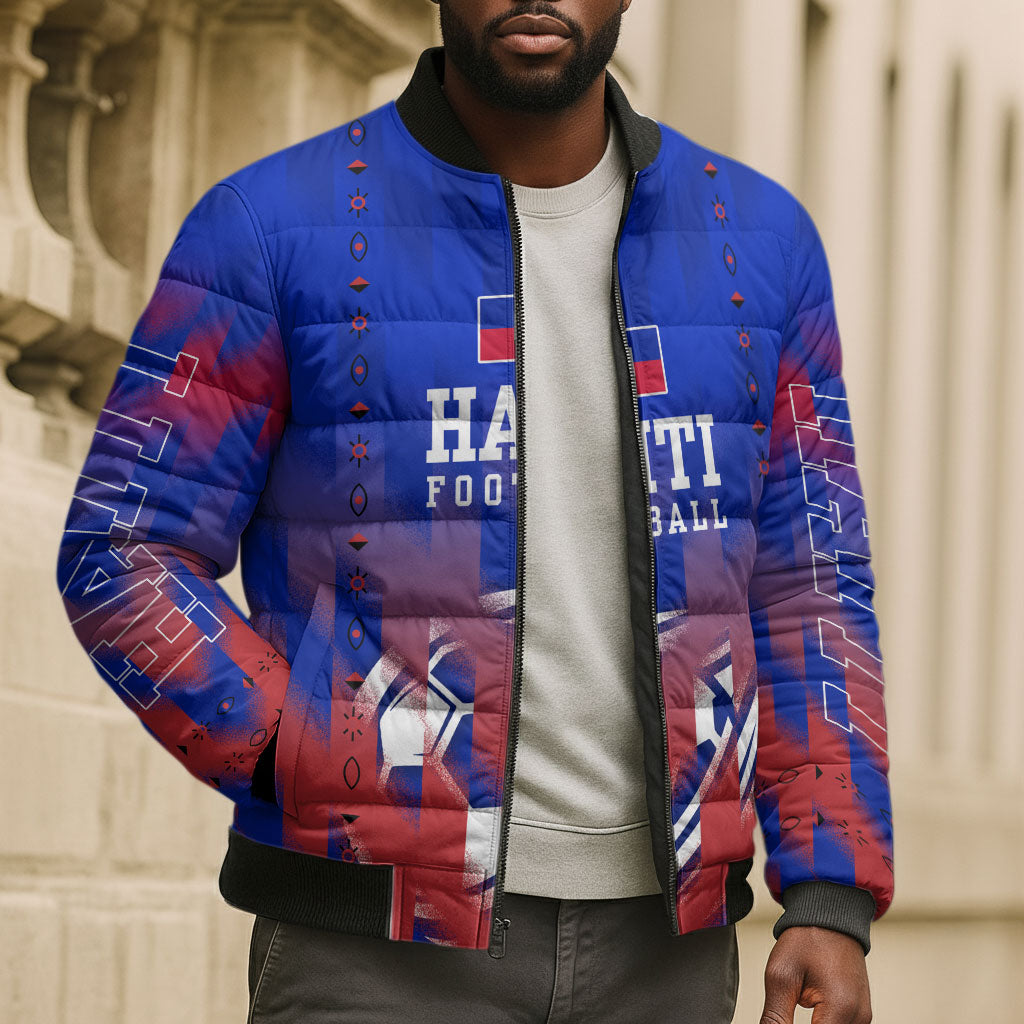 Personalized Haiti Football Bomber Puffer Jacket Brush Stroke Soccer Graphic Flag Colors
