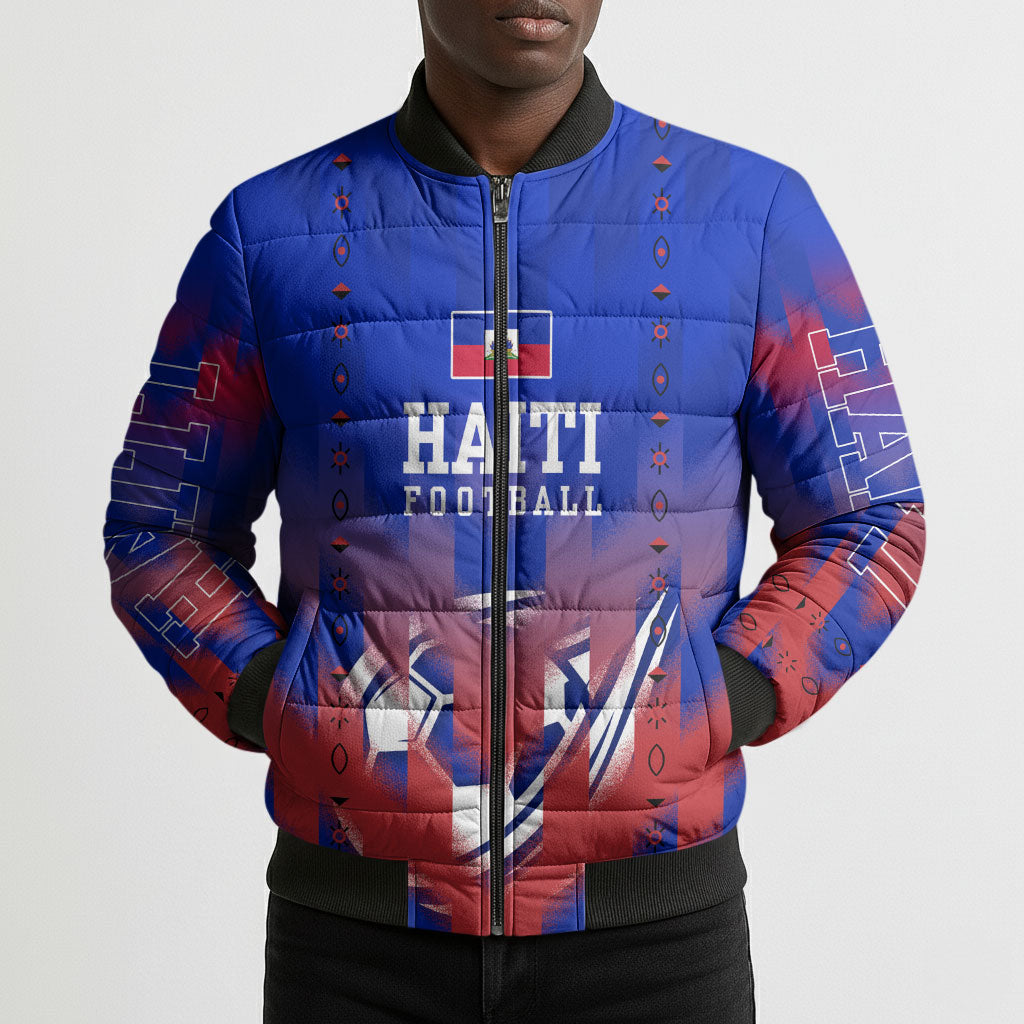 Personalized Haiti Football Bomber Puffer Jacket Brush Stroke Soccer Graphic Flag Colors