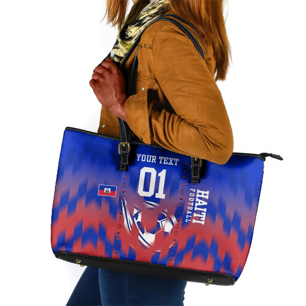 Personalized Haiti Football Leather Tote Bag Brush Stroke Soccer Graphic Flag Colors