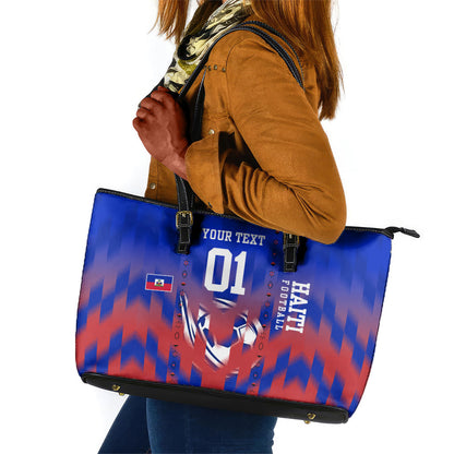 Personalized Haiti Football Leather Tote Bag Brush Stroke Soccer Graphic Flag Colors