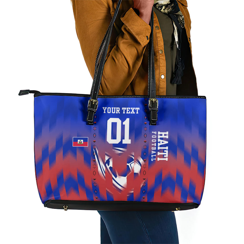 Personalized Haiti Football Leather Tote Bag Brush Stroke Soccer Graphic Flag Colors