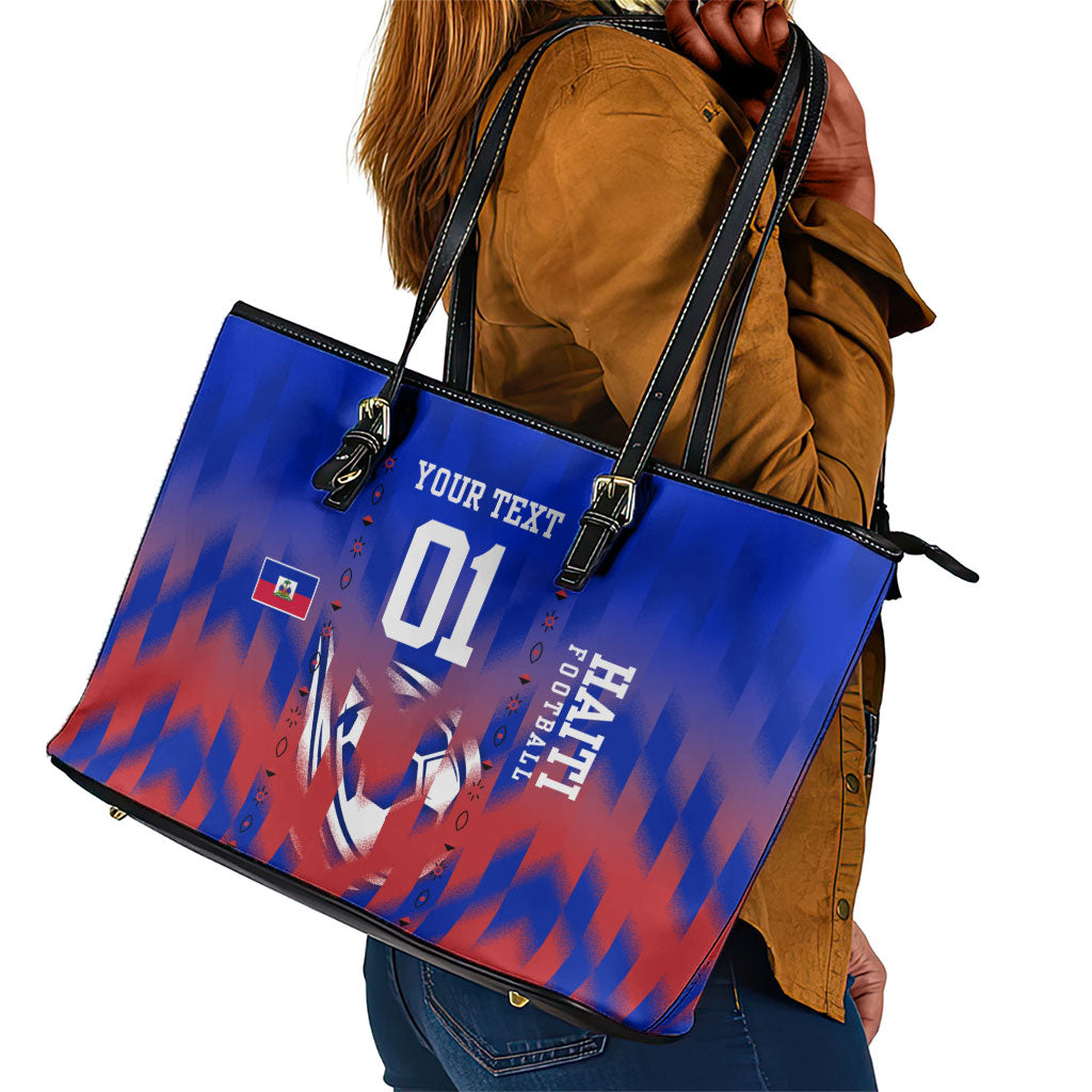 Personalized Haiti Football Leather Tote Bag Brush Stroke Soccer Graphic Flag Colors