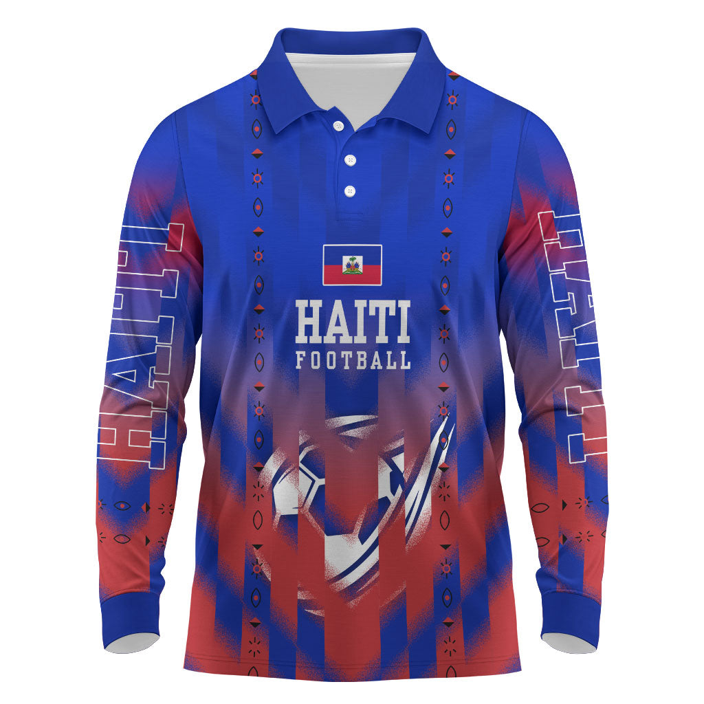 Personalized Haiti Football Long Sleeve Polo Shirt Brush Stroke Soccer Graphic Flag Colors