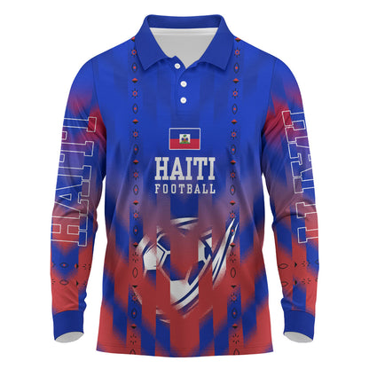 Personalized Haiti Football Long Sleeve Polo Shirt Brush Stroke Soccer Graphic Flag Colors