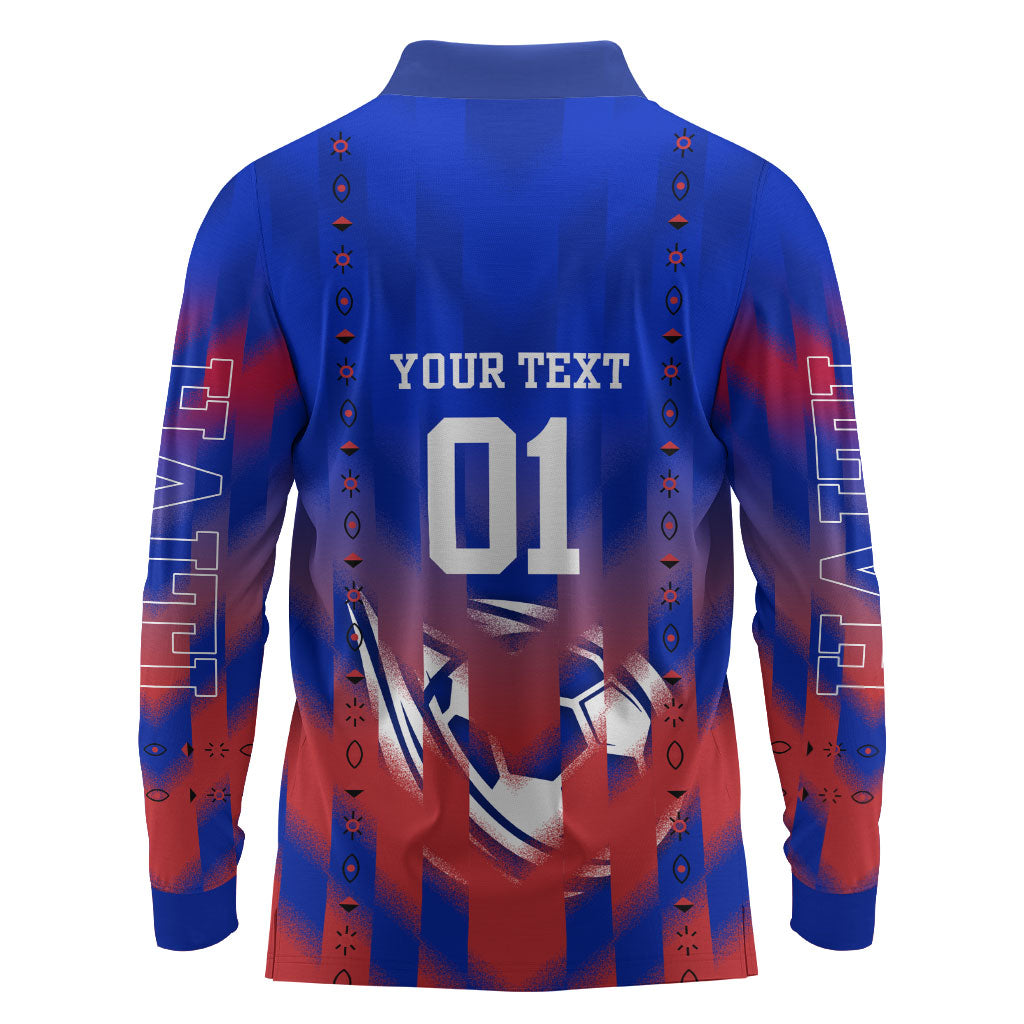 Personalized Haiti Football Long Sleeve Polo Shirt Brush Stroke Soccer Graphic Flag Colors