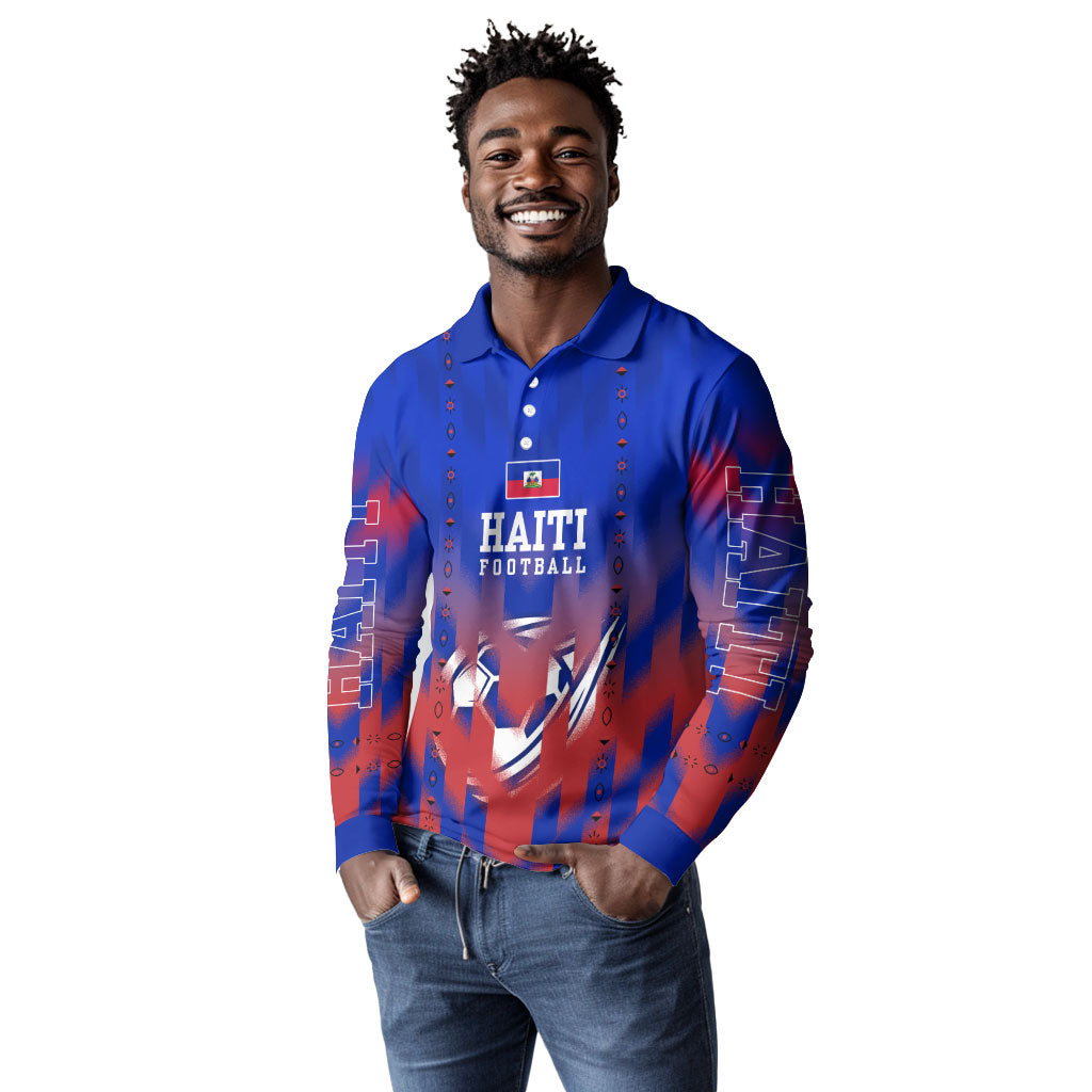 Personalized Haiti Football Long Sleeve Polo Shirt Brush Stroke Soccer Graphic Flag Colors