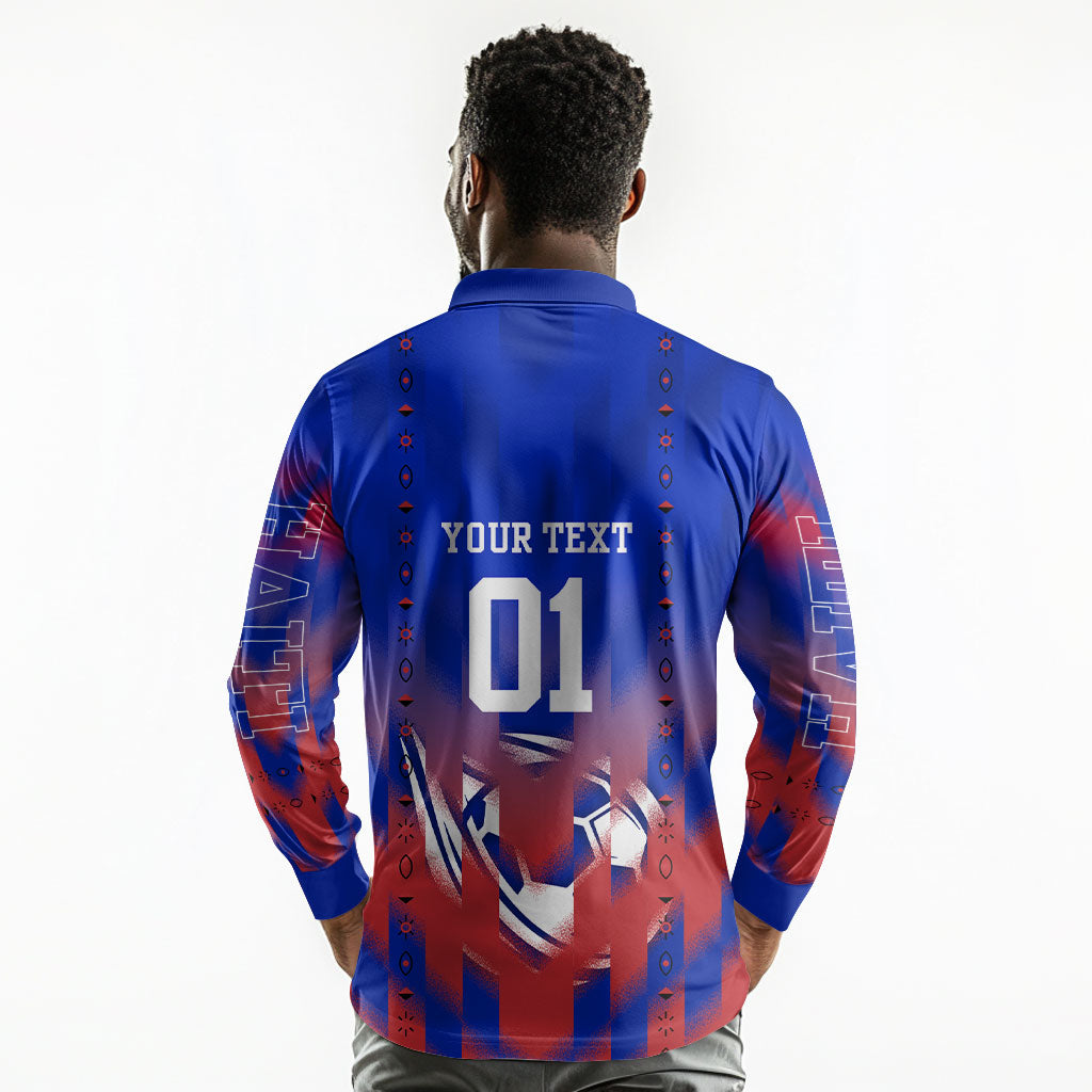 Personalized Haiti Football Long Sleeve Polo Shirt Brush Stroke Soccer Graphic Flag Colors